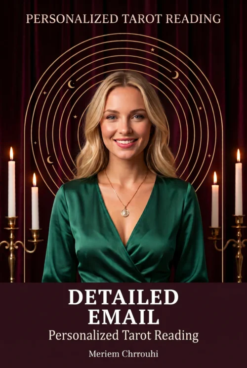Detailed Email Tarot Card Reading — Celestial Cover | Meriem Chrrouhi Detailed email tarot reading cover with Meriem Chrrouhi in emerald against a burgundy celestial background.