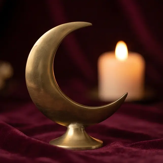 Brass crescent moon on burgundy velvet with a candle behind it for the Future Guidance category.