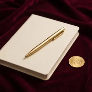 Ivory notebook, gold pen and coin on burgundy velvet for the Career and Work category.