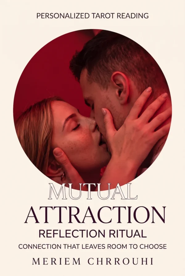 Mutual Attraction Reflection Ritual | Meriem Chrrouhi Mutual attraction ritual cover showing a couple sharing a gentle kiss in ruby-red light.