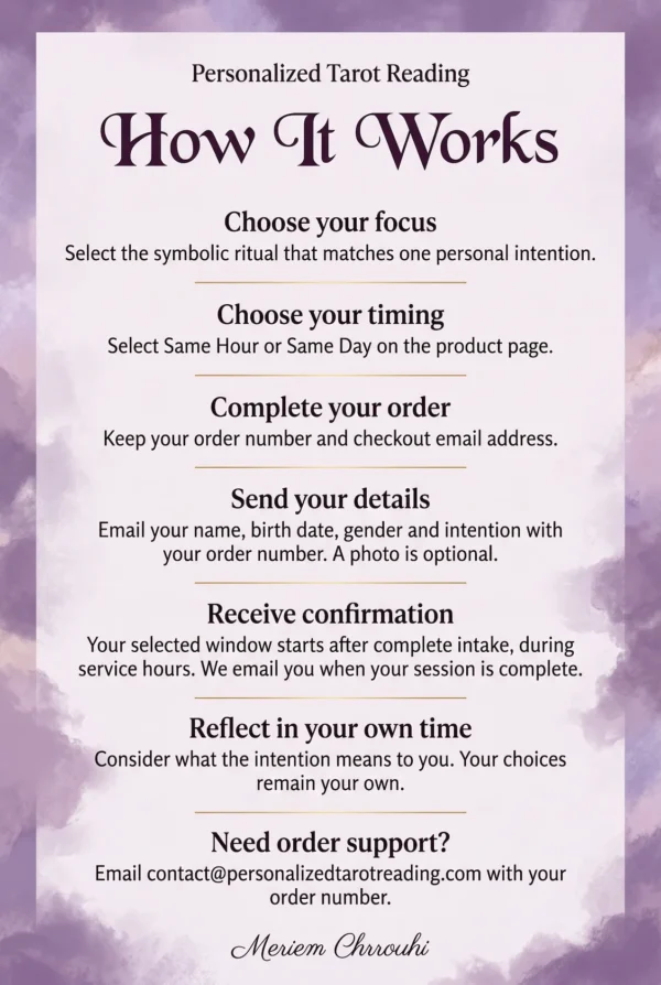 How Symbolic Ritual Orders Work | Personalized Tarot Reading How it works: choose a symbolic ritual and timing, order, email your details, and receive confirmation.