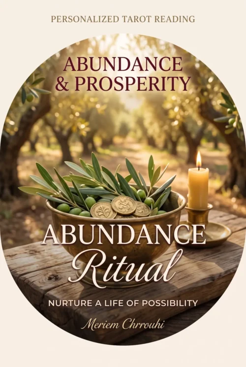 Abundance and Prosperity Intention Ritual | Meriem Chrrouhi Abundance and Prosperity Intention Ritual cover with olive branches, golden coins and a candle in an olive grove.