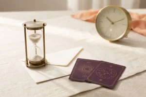Hourglass, clock and purple tarot cards beside an envelope illustrating tarot reading delivery times