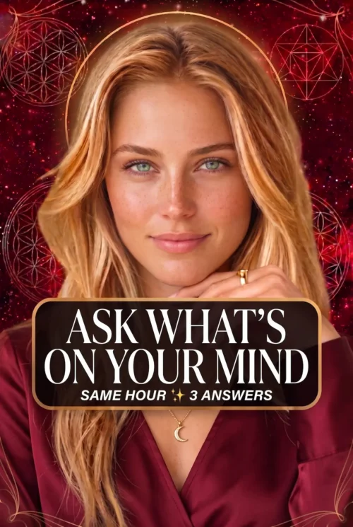 Ask What Is on Your Mind — Three-Question Tarot Cover Blonde reader in burgundy with a crescent pendant on a cover titled Ask What Is on Your Mind, Three Answers.
