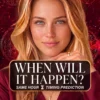 When Will It Happen — Tarot Timing Portrait Cover Blonde reader wearing burgundy and a crescent necklace on a red celestial cover titled When Will It Happen.