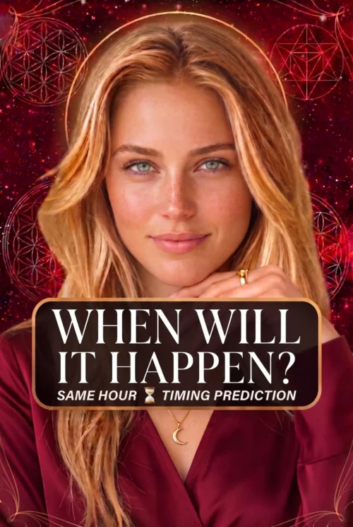 When Will It Happen — Tarot Timing Portrait Cover Blonde reader wearing burgundy and a crescent necklace on a red celestial cover titled When Will It Happen.