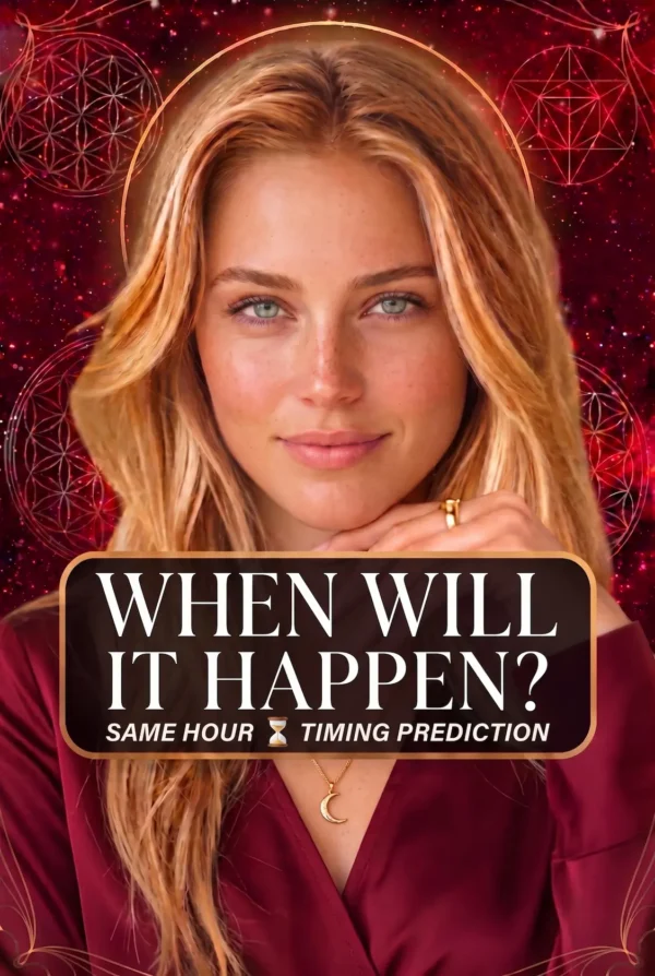 When Will It Happen — Tarot Timing Portrait Cover Blonde reader wearing burgundy and a crescent necklace on a red celestial cover titled When Will It Happen.