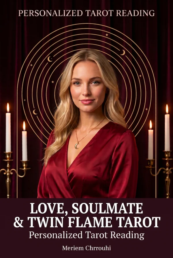 Love, Soulmate and Twin Flame Tarot | Meriem Chrrouhi Love, Soulmate and Twin Flame Tarot cover featuring Meriem Chrrouhi in ruby red with a gold moon pendant.