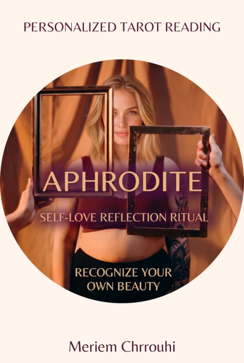 Aphrodite Self-Love Reflection Ritual | Meriem Chrrouhi Aphrodite Self-Love Reflection Ritual — a blonde woman in a burgundy top behind overlapping antique picture frames against golden drapery