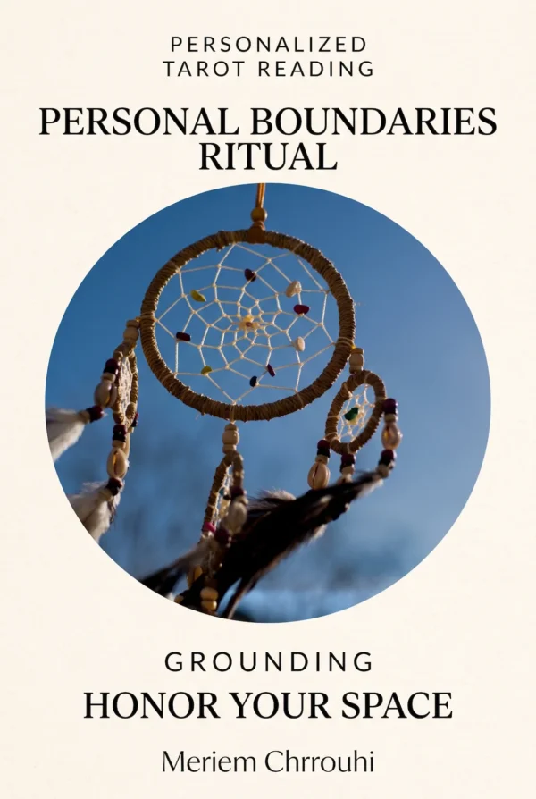 Grounding and Personal Boundaries Ritual | Meriem Chrrouhi Grounding and Personal Boundaries Ritual — a woven dreamcatcher with smaller hoops, beads and feathers against a clear blue sky