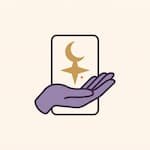 Purple hand beneath a tarot card with a crescent moon and star, representing spiritual guidance readings.