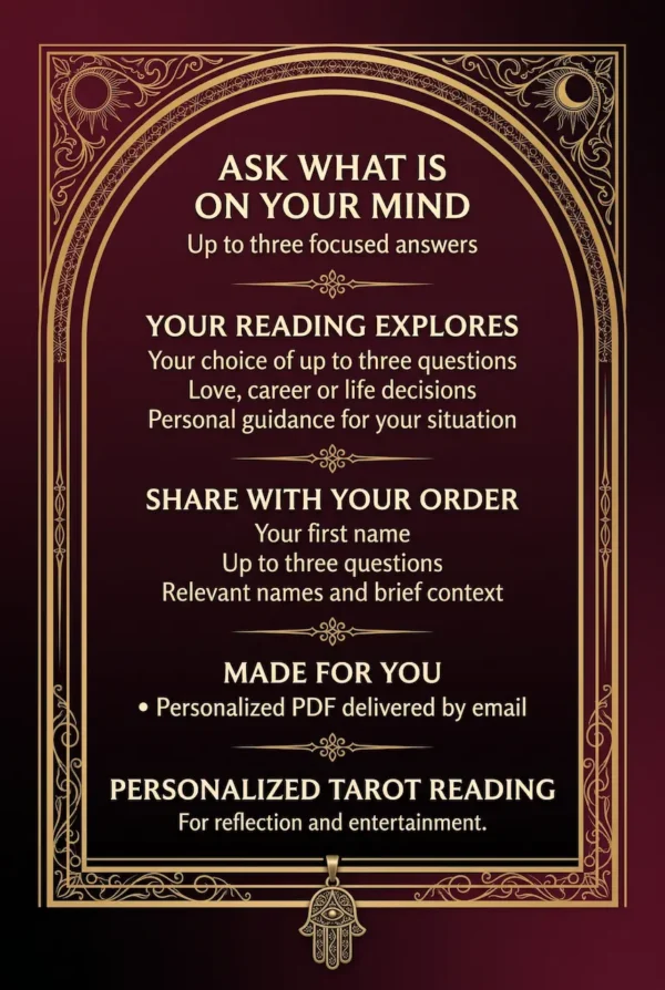Ask What Is on Your Mind — Three-Question Tarot Reading Guide Ask What Is on Your Mind guide for up to three questions about love, career or life, with order details and email PDF delivery.