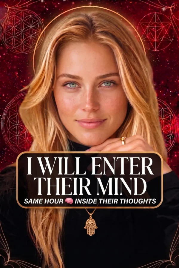 I Will Enter Their Mind — Telepathy Reading Portrait Cover Blonde reader in black with a gold pendant on a red celestial background, titled I Will Enter Their Mind.