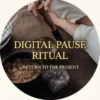 Digital Pause Ritual — hand holding a mallet over a bronze singing bowl beside amber resin and a pale crystal