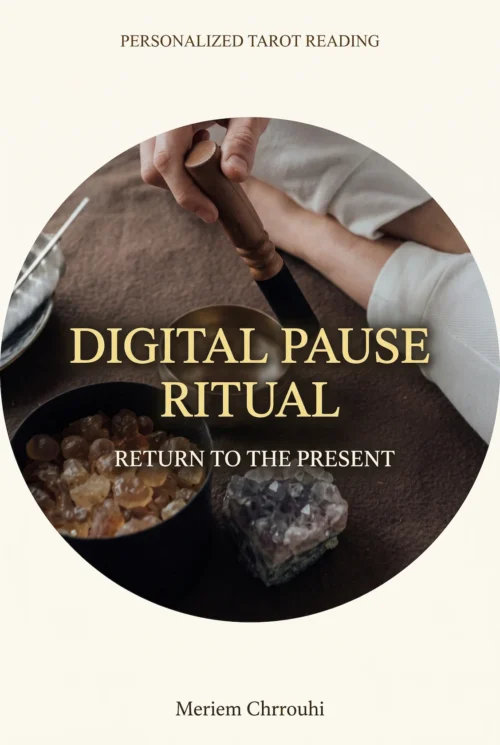 Digital Pause Ritual — hand holding a mallet over a bronze singing bowl beside amber resin and a pale crystal