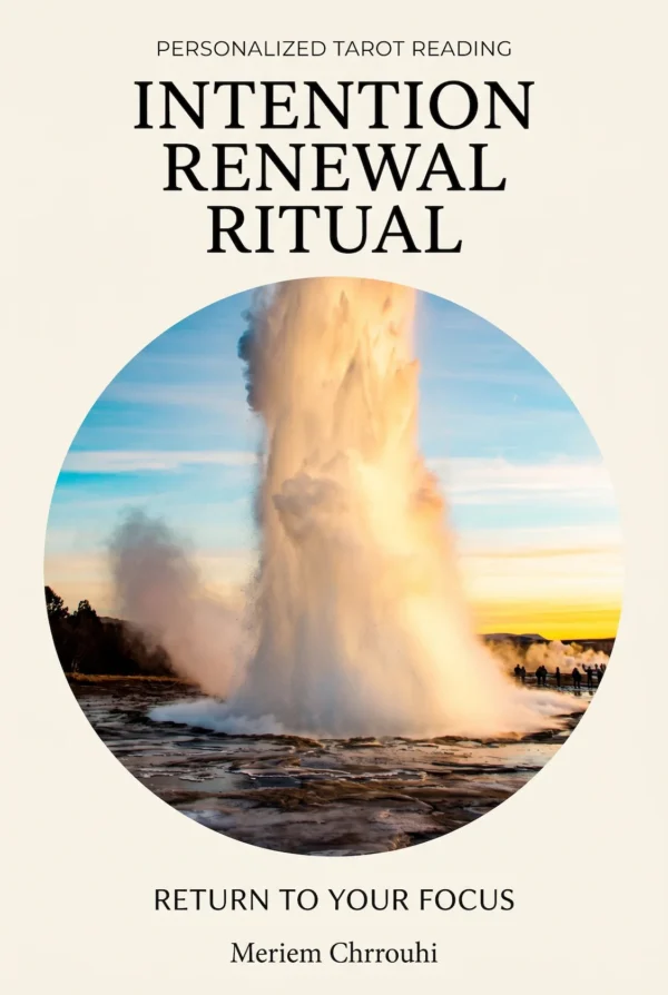 Intention Renewal Ritual — a tall geyser rising against a blue sky and gold sunset, with distant onlookers