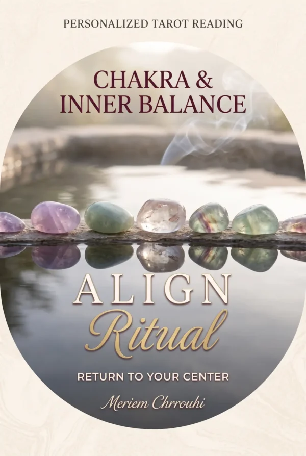Chakra Reflection Ritual | Meriem Chrrouhi Chakra Reflection Ritual cover with colored stones reflected in still water beneath soft mist.
