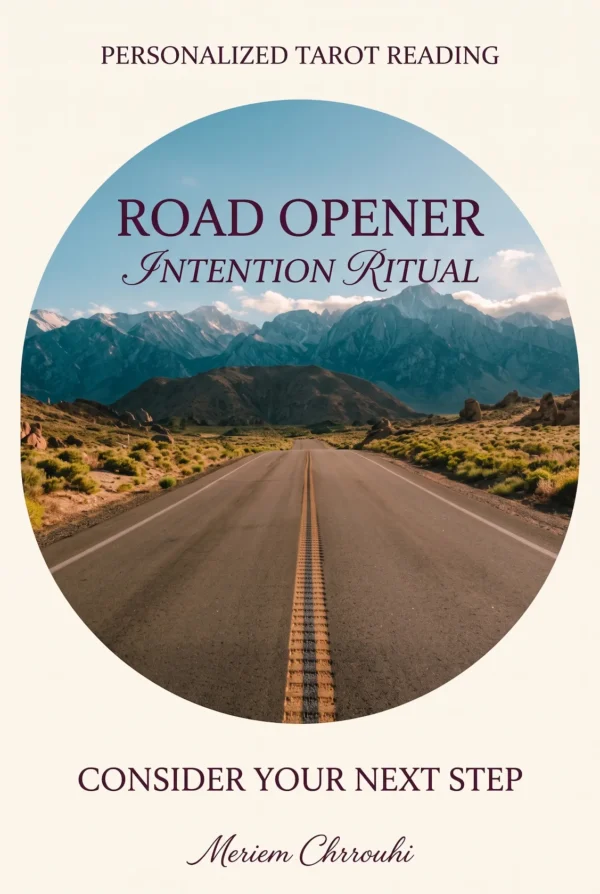 Road Opening Intention Ritual | Meriem Chrrouhi Road Opening Intention Ritual — a centered empty road leading toward teal mountain peaks beneath a clear blue sky