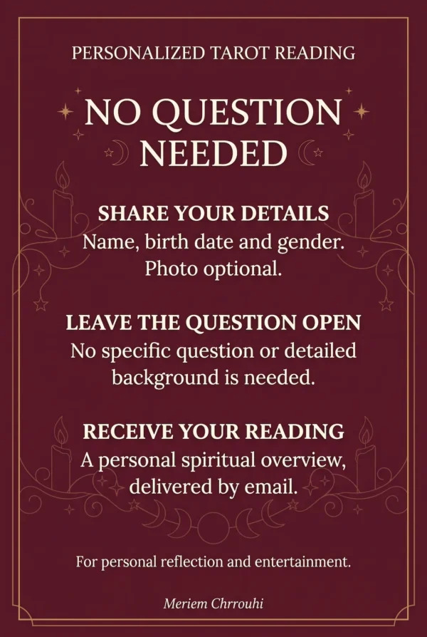 Blind Psychic Reading — Intake and Email Delivery | Meriem Chrrouhi Blind reading details: no question needed, optional photo and delivery by email.