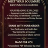 Meet Your Soulmate — Future Partner Reading Guide Meet Your Soulmate reading guide listing appearance, personality, emotional connection and order details in a gold celestial frame.