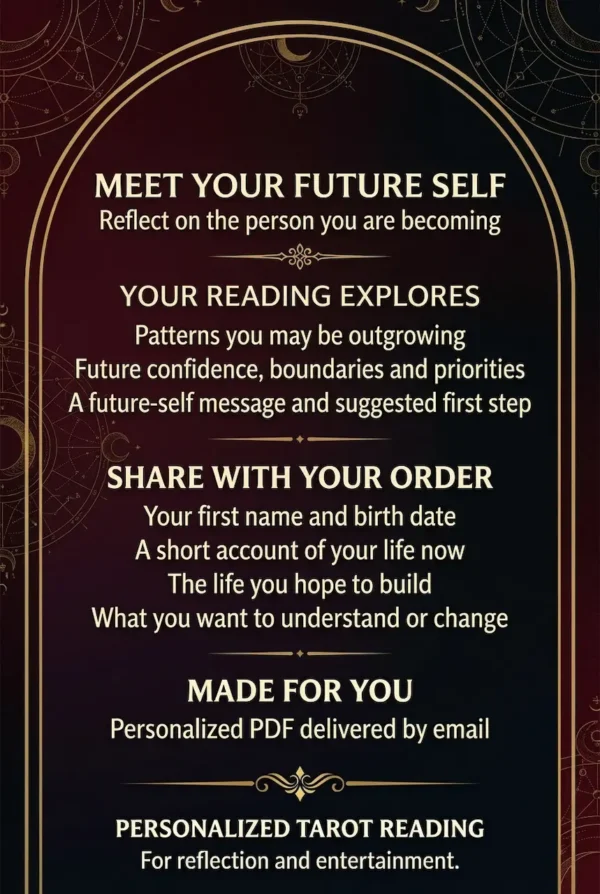 Meet Your Future Self — Personal Reading Details Meet Your Future Self: reading details about personal patterns, confidence, priorities and the life you hope to build.