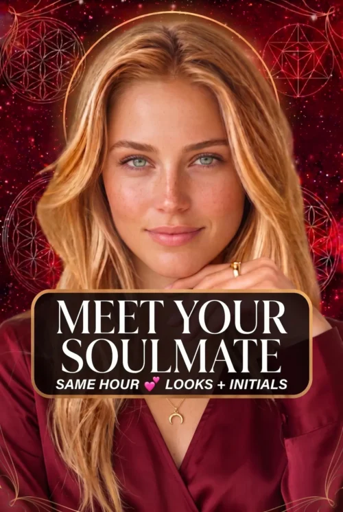 Meet Your Soulmate — Future Partner Portrait Cover Blonde reader in burgundy with a crescent pendant beneath the title Meet Your Soulmate, Looks and Initials.