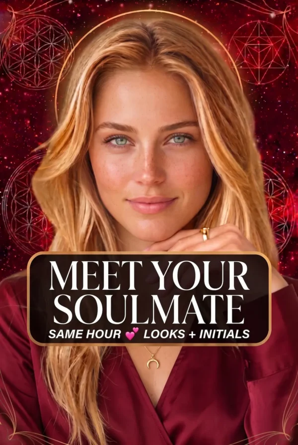 Meet Your Soulmate — Future Partner Portrait Cover Blonde reader in burgundy with a crescent pendant beneath the title Meet Your Soulmate, Looks and Initials.