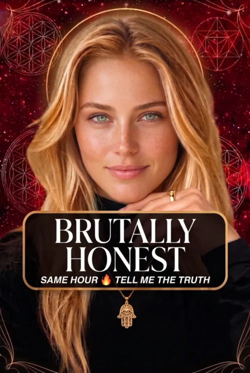 Brutally Honest Tarot Reading — Red Celestial Portrait Cover Blonde reader in black with a gold pendant on a red celestial background, titled Brutally Honest, Tell Me the Truth.