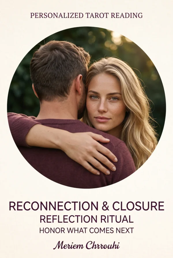 Reconnection and Closure Reflection Ritual | Meriem Chrrouhi Reconnection and Closure Reflection Ritual — a blonde woman in a warm embrace, with the man turned away against a softly lit outdoor background