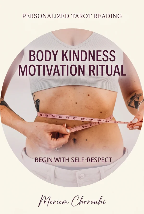 Body Kindness and Motivation Ritual | Meriem Chrrouhi Body Kindness and Motivation Ritual — a cropped torso in a light knit top with hands holding a measuring tape loosely, no face visible
