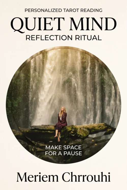 Quiet Mind Reflection Ritual — a blonde woman seated on a mossy log beneath a tall waterfall, looking gently upward