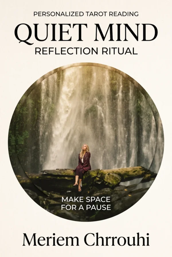 Quiet Mind Reflection Ritual | Meriem Chrrouhi Quiet Mind Reflection Ritual — a blonde woman seated on a mossy log beneath a tall waterfall, looking gently upward