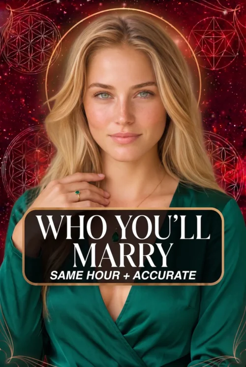 Who You Will Marry — Future Spouse Psychic Reading Cover Blonde reader wearing emerald green and a green gemstone ring on a celestial cover titled Who You Will Marry.