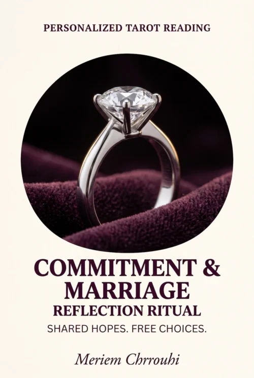 Commitment and Marriage Reflection Ritual | Meriem Chrrouhi Commitment and Marriage Reflection Ritual — an upright solitaire diamond ring on softly folded dark plum velvet