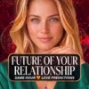 Future of Your Relationship — Love Tarot Portrait Cover Blonde reader wearing emerald green and a purple pendant, with the title Future of Your Relationship on a red celestial background.