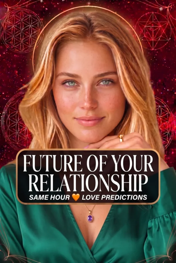Future of Your Relationship — Love Tarot Portrait Cover Blonde reader wearing emerald green and a purple pendant, with the title Future of Your Relationship on a red celestial background.