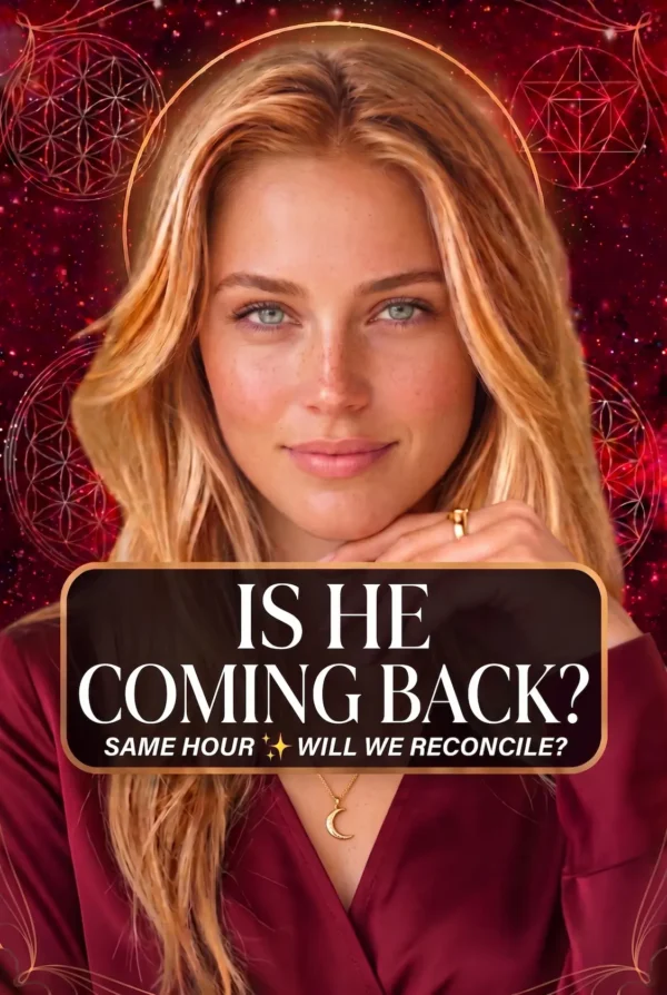Is He Coming Back — Reconciliation Tarot Portrait Cover Blonde reader in burgundy with a crescent pendant beneath the title Is He Coming Back, Will We Reconcile.