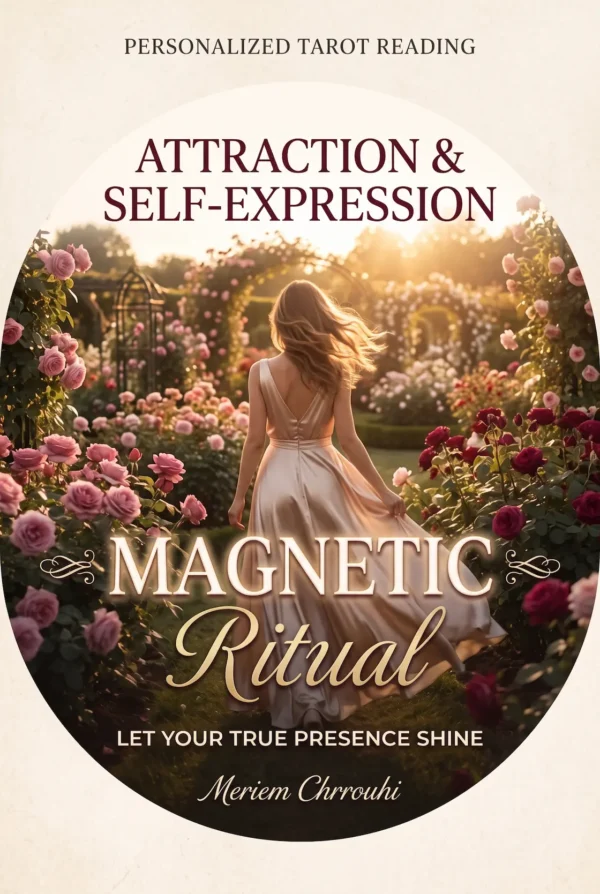 Attraction and Self-Expression Ritual cover with a woman seen from behind in a sunlit rose garden.
