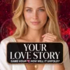 Your Love Story — Soulmate and Relationship Portrait Cover Blonde reader wearing white and a sun pendant on a red celestial cover titled Your Love Story, How Will It Unfold.