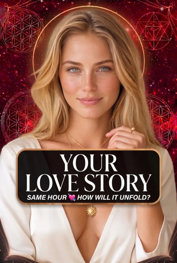 Your Love Story — Soulmate and Relationship Portrait Cover Blonde reader wearing white and a sun pendant on a red celestial cover titled Your Love Story, How Will It Unfold.