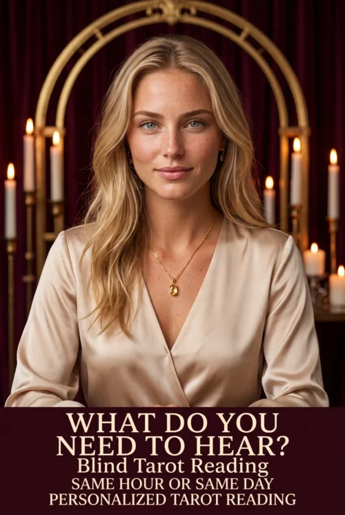 What Do You Need to Hear? Blind tarot reading cover with a blonde woman in champagne satin and candles.