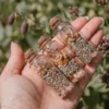 Three corked botanical bottles resting in an open hand against a soft garden background.
