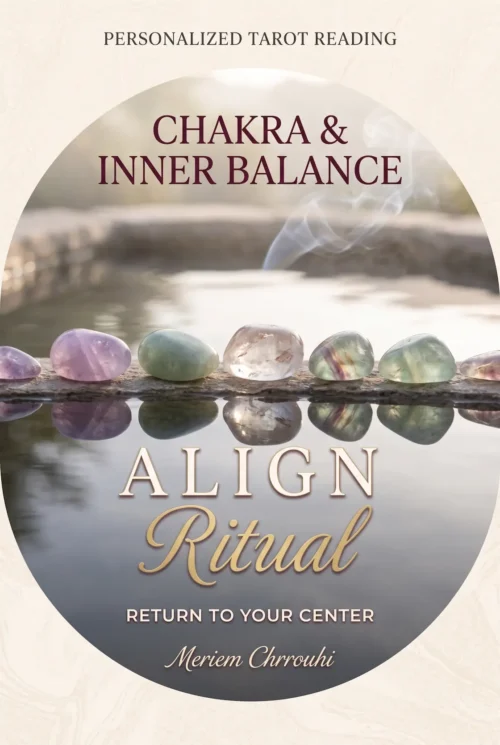 Chakra Reflection Ritual | Meriem Chrrouhi Chakra Reflection Ritual cover with colored stones reflected in still water beneath soft mist.
