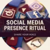 Creative Visibility Intention Ritual | Meriem Chrrouhi Social Media Presence Ritual — overlapping blue, violet and burgundy social platform tiles in a circular photographic composition