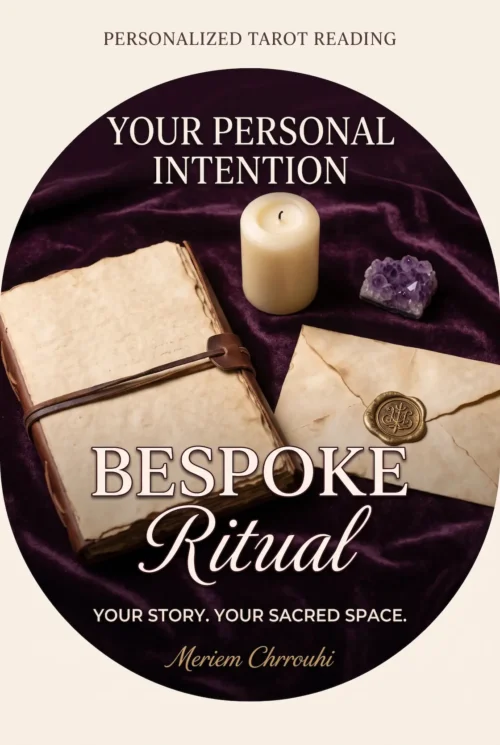 Custom spiritual session cover with an open journal, ivory candle, amethyst and sealed envelope on plum fabric.