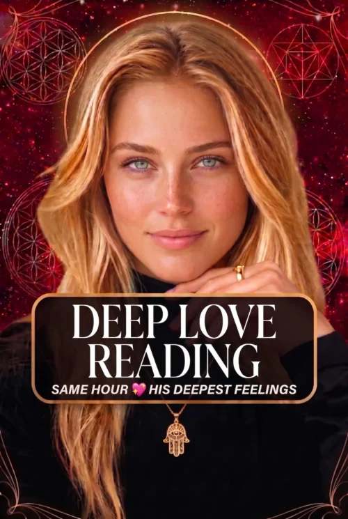 Blonde tarot reader in black with a gold pendant, pictured on a red celestial cover titled Deep Love Reading, His Deepest Feelings.