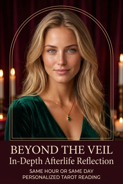 Beyond the Veil in-depth afterlife reflection cover with a blonde woman in emerald and candles.