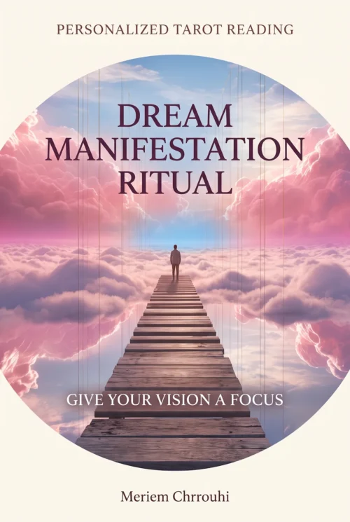 Dream Manifestation Ritual — a suspended wooden path through pink and lavender clouds, with a small distant figure
