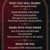 Future Spouse and Marriage Reading — Intake Guide Who You Will Marry: spouse qualities, timing impressions and partnership themes; share your name, birth date and questions.