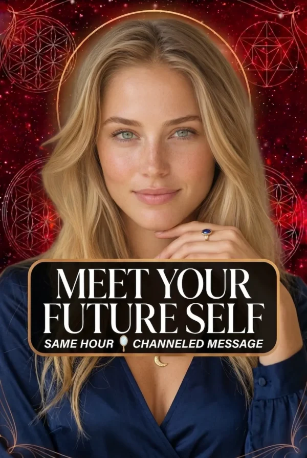 Meet Your Future Self — Future Psychic Reading Cover Blonde reader in navy blue with a crescent pendant on a red celestial cover titled Meet Your Future Self, Channeled Message.